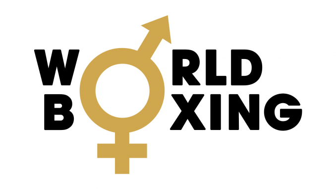 Das Logo des Weltverbandes World Boxing, in dem das O durch ein kombiniertes Zeichen für das männliche und weibliche Geschlecht ersetzt ist.