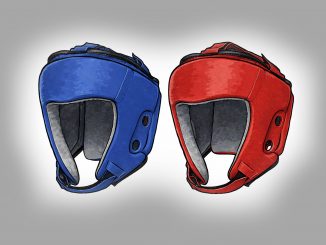Zwei Kopfschützer in blauer und roter Farbe, wie sie im olympischen Boxen verwendet werden.