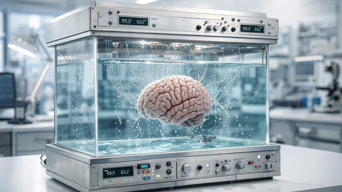Das Bild zeigt ein Gehirn, das in einem Wassertank schwebt. Es ist mit künstlicher Intelligenz hergestellt.