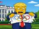 Eine Karrikatur im Stile der Simpsons-Comics. Sie zeigt Donald Trump vor dem Weißen Haus, wie er eine olympische Fahne wütend zerreist.