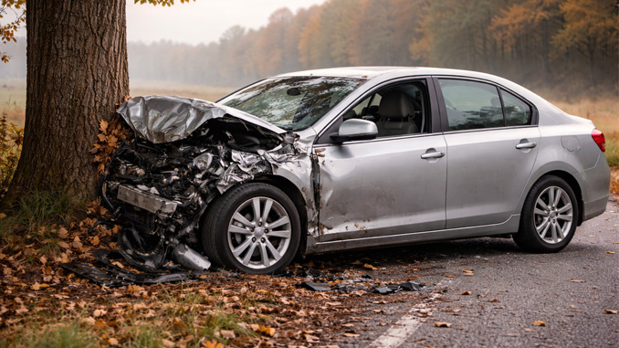Das Bild zeigt einen Unfallwagen, der gegen einen Baum gefahren ist. Der vordere Bereich des Wagens ist stark beschädigt. Das Bild wurde mit Kpnstlicher Intelligenz erstellt.