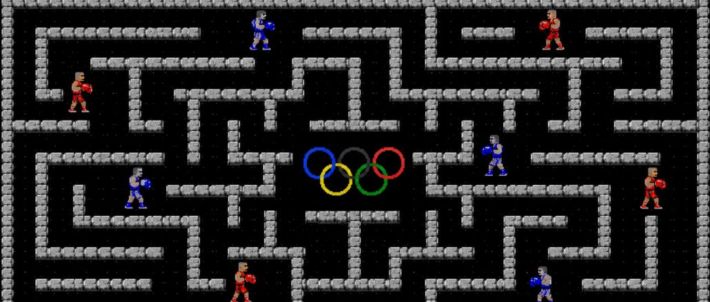Bild mit einem Labyrinth, in dem sich Boxer auf das Ziel der Olympischen Spiele hin bewegen