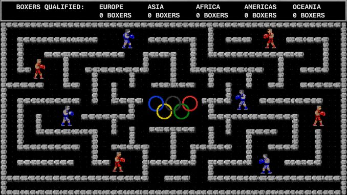 Bild mit einem Labyrinth, in dem sich Boxer auf das Ziel der Olympischen Spiele hin bewegen