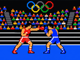 Zwei olympisheBoxer im Stil eines Videospiels der frühen 1980er Jahre