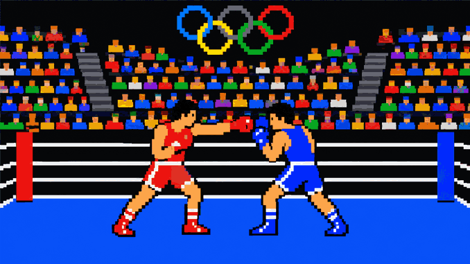 Zwei olympisheBoxer im Stil eines Videospiels der frühen 1980er Jahre